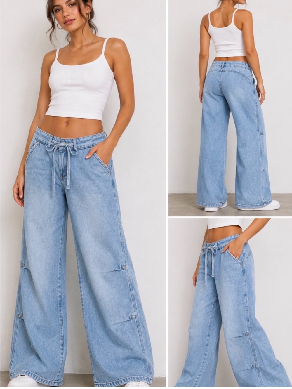 REWASH Blue Low Pro Relaxed Fit Wide Leg Drawstring Sporty Denim Jeans 9/29 NWT